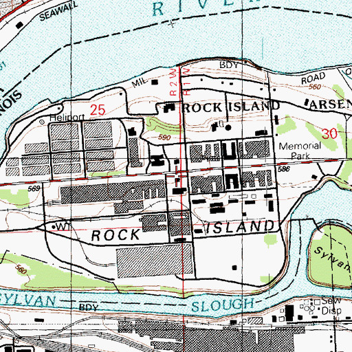 Topographic Map of Rock Island Arsenal Fire and Emergency Services, IL