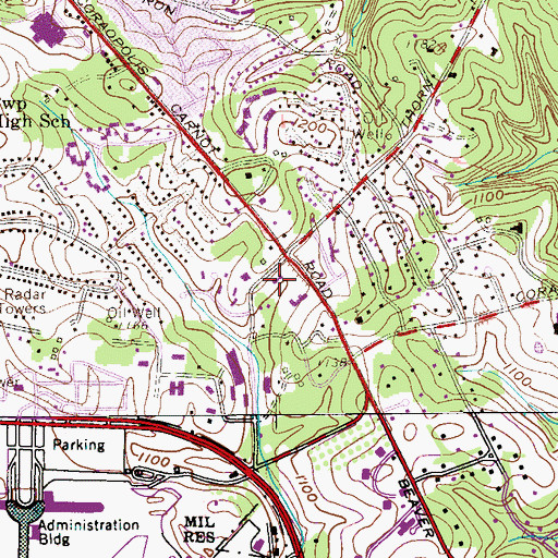 Topographic Map of Moon Township Volunteer Fire Department Carnot Station 197, PA