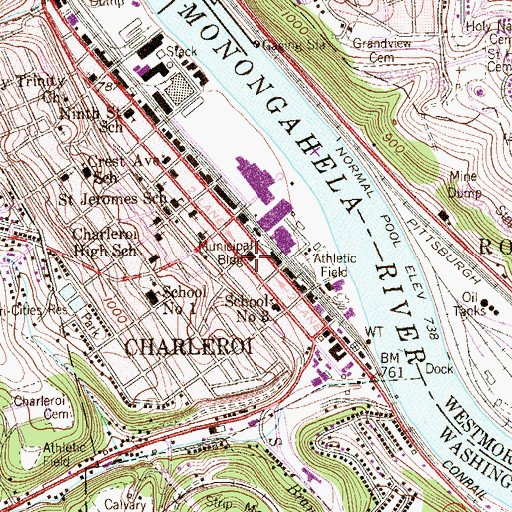 Topographic Map of Charleroi Fire Department Station 33, PA