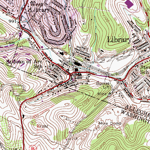 Topographic Map of Library Volunteer Fire Company Station 271, PA