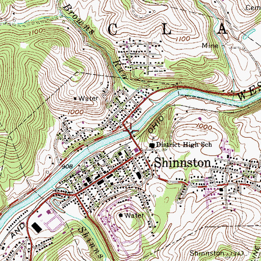 Topographic Map of Shinnston Bridge, WV