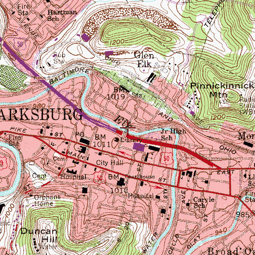 Topographic Map of Fourth Street Bridge, WV
