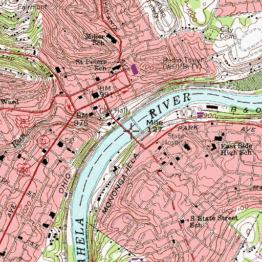 Topographic Map of Robert H Mollohan Jefferson Bridge, WV