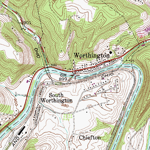 Topographic Map of Worthington Bridge, WV