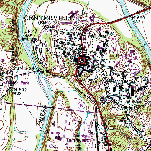 Topographic Map of Centerville Volunteer Fire Department Main Station, TN