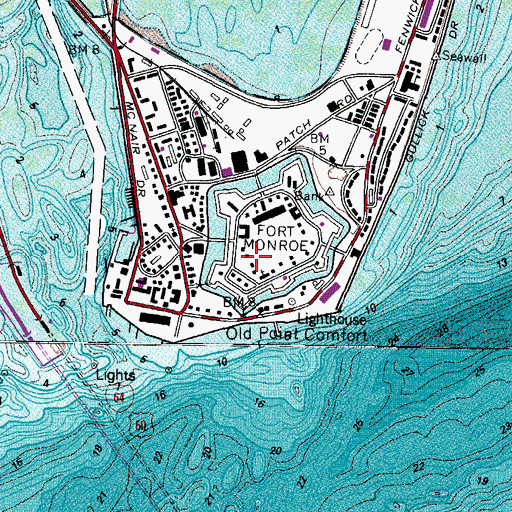 Topographic Map of Fort Monroe Fire Department, VA