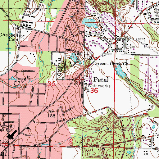 Topographic Map of Petal Fire Department Station 1, MS