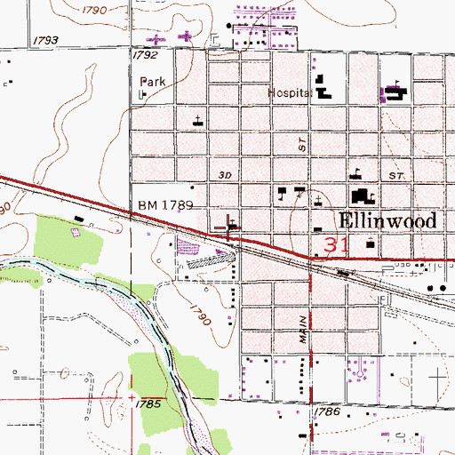 Topographic Map of Ellinwood United Methodist Church, KS