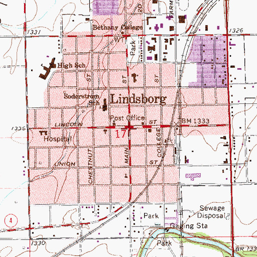 Topographic Map of Lindsborg City Hall, KS