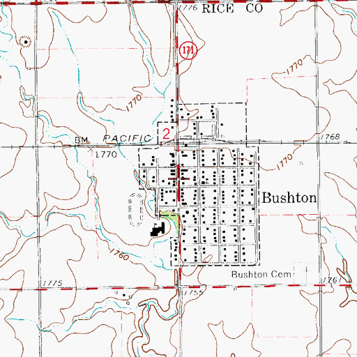 Topographic Map of Bushton City Hall, KS