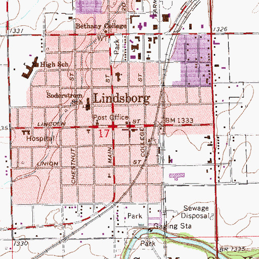 Topographic Map of Lindsborg City Public Works, KS