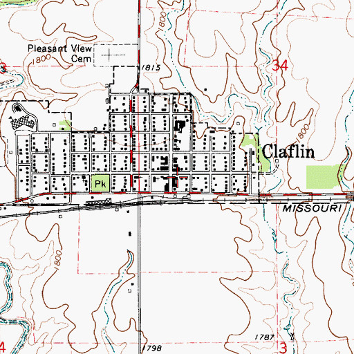 Topographic Map of Claflin City Hall, KS