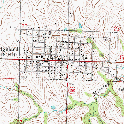 Topographic Map of Highland Post Office, KS