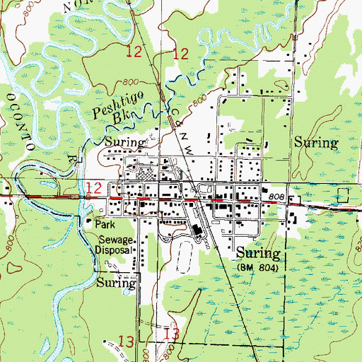 Topographic Map of Suring Volunteer Fire Department, WI