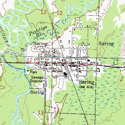 Topographic Map of Suring Area Public Library, WI