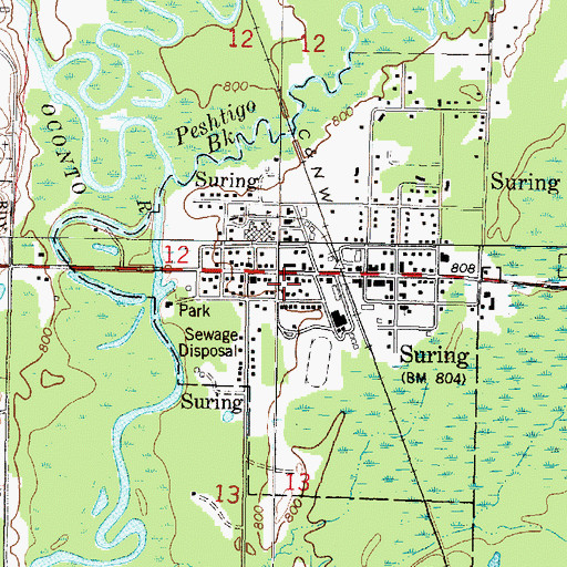 Topographic Map of Suring Post Office, WI