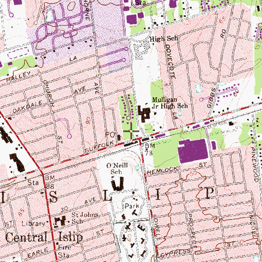 Topographic Map of Central Islip Post Office, NY