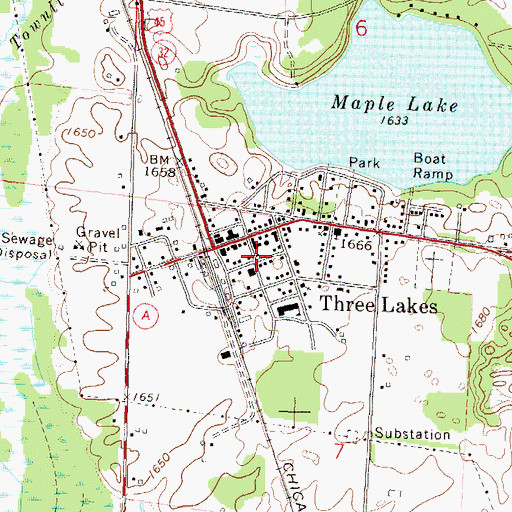 Topographic Map of Three Lakes Post Office, WI