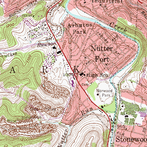 Topographic Map of Nutter Fort Public Library, WV