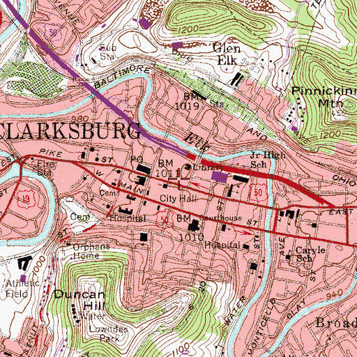 Topographic Map of Clarksburg-Harrison Public Library, WV
