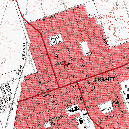 Topographic Map of Kermit Post Office, TX