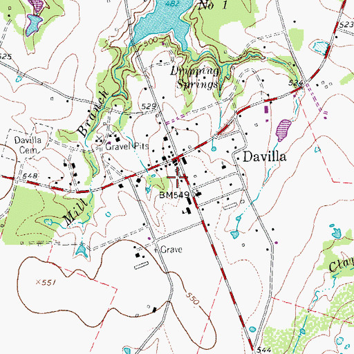 Topographic Map of Davilla Post Office, TX
