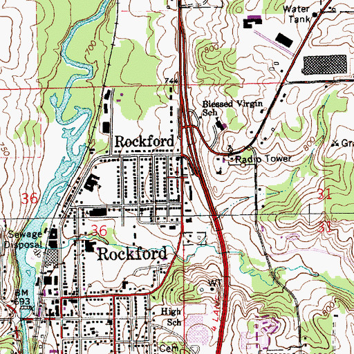 Topographic Map of Michigan State Police District 6 Headquarters and Rockford Post 61, MI
