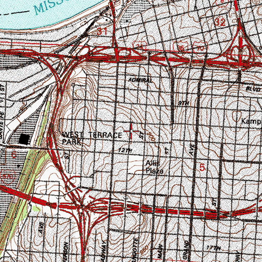 Topographic Map of Crossroads Academy of Kansas City, MO