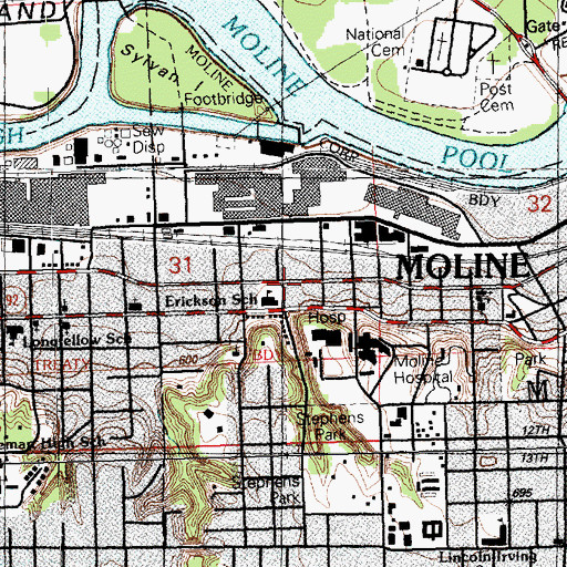 Topographic Map of Moline Police Department Community Policing Office West, IL