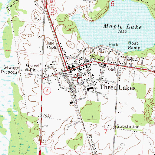 Topographic Map of Three Lakes Police Department, WI