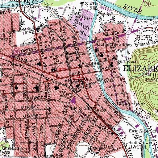 Topographic Map of Elizabethton Police Department, TN