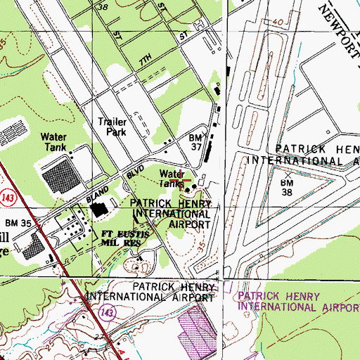 Topographic Map of Newport News - Williamsburg International Airport Police Department, VA