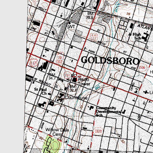 Topographic Map of Goldsboro Post Office, NC