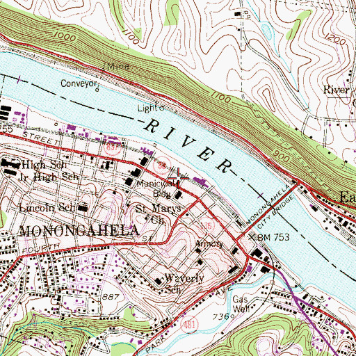 Topographic Map of Monongahela Police Department, PA