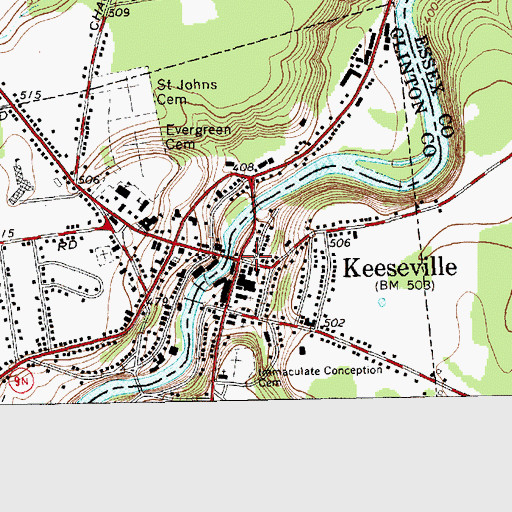 Topographic Map of Keeseville Post Office, NY