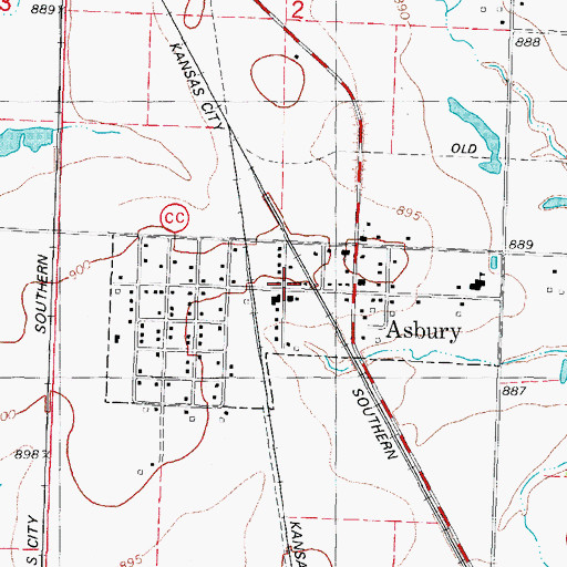Topographic Map of Asbury Post Office, MO