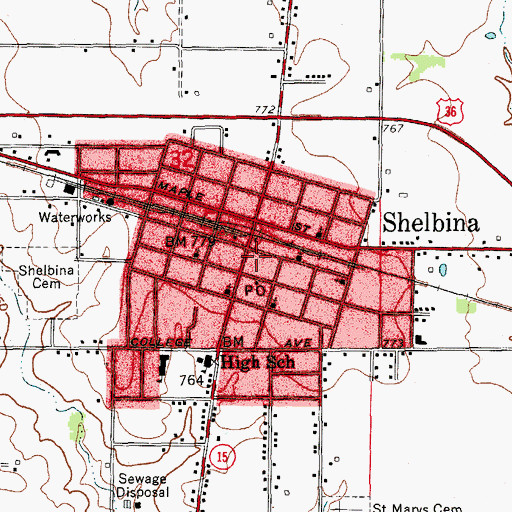 Topographic Map of Shelbina Post Office, MO