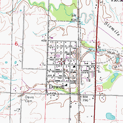 Topographic Map of Dowell Post Office, IL