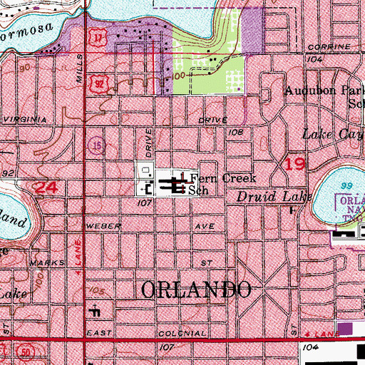 Topographic Map of Fern Creek School, FL