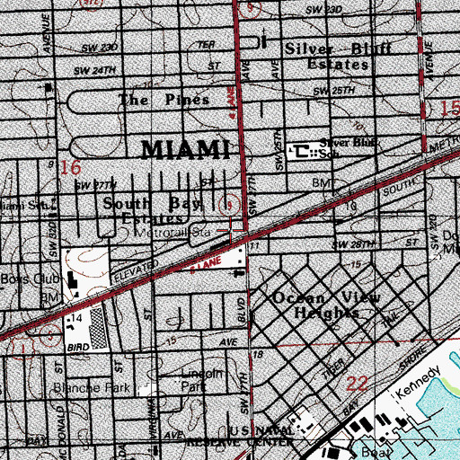 Topographic Map of Coconut Grove Metrorail Station, FL