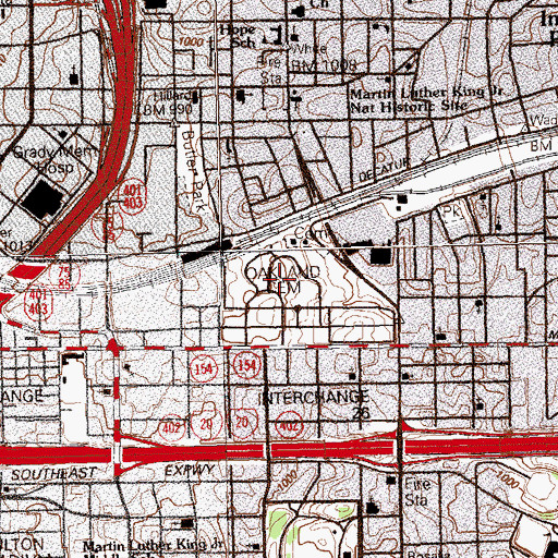 Topographic Map of Oakland Cemetery, GA