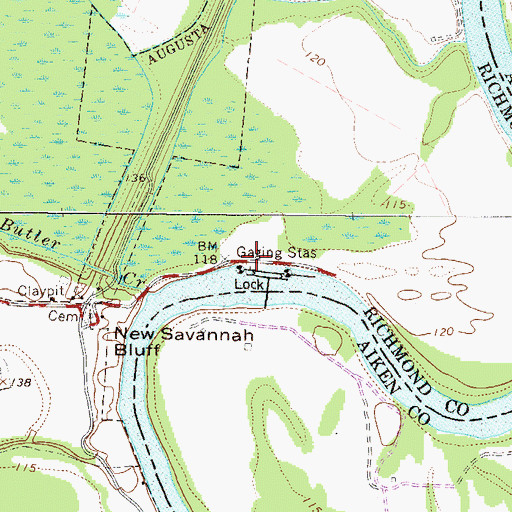 Topographic Map of New Savannah Bluff Lock and Dam, GA