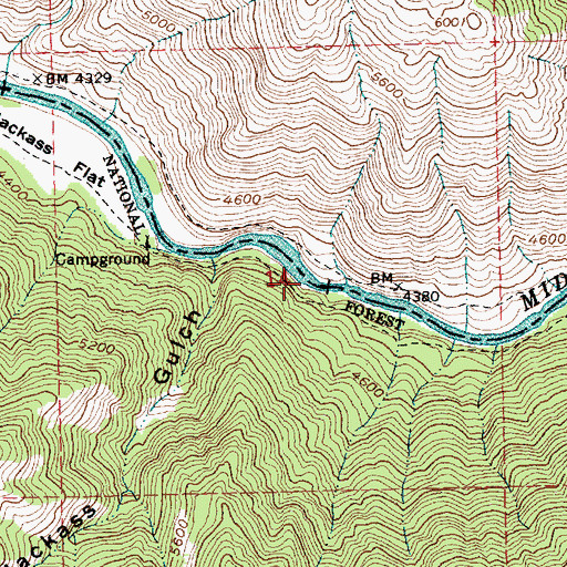 Topographic Map of Lower Jackass Flat Campground, ID