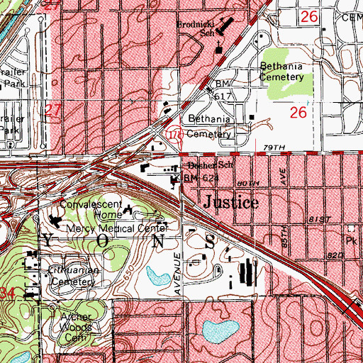 Topographic Map of Justice School, IL
