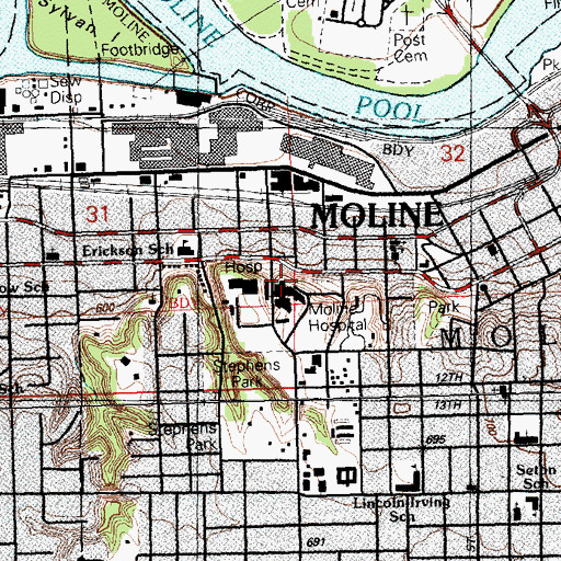 Topographic Map of Moline Hospital, IL