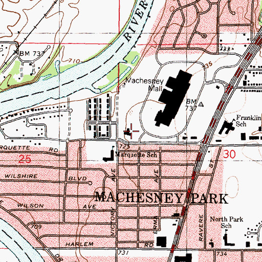Topographic Map of Machesney Park Village Hall, IL