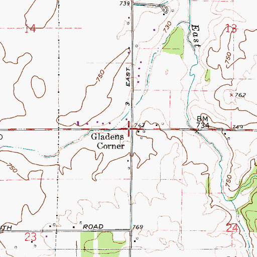 Topographic Map of Gladens Corner, IN