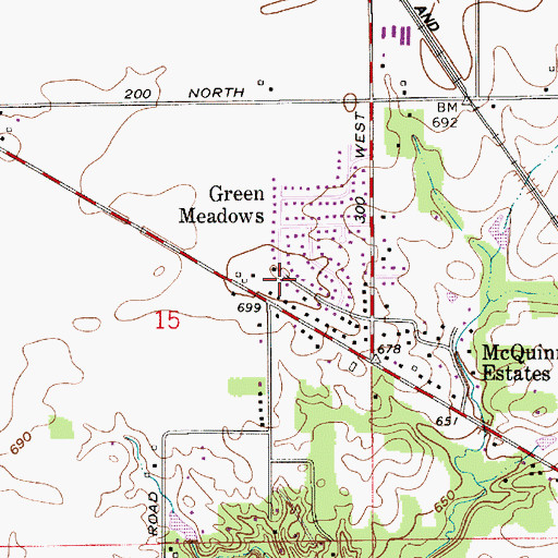 Topographic Map of Green Meadows, IN