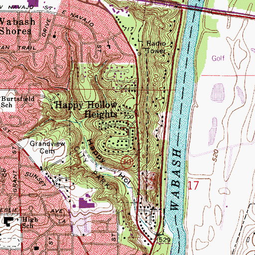 Topographic Map of Happy Hollow Heights, IN
