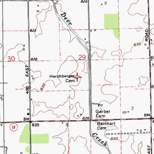 Topographic Map of Herchberger Cemetery, IN